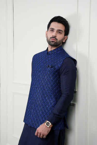 BLUE EMBOSSED SEQUENCE WAIST COAT Mehndi Collection HumayunAlamgir