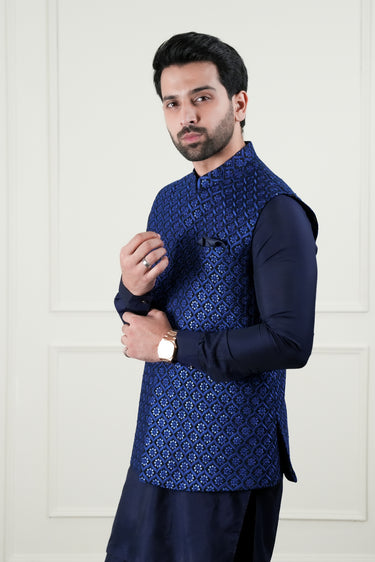 BLUE EMBOSSED SEQUENCE WAIST COAT Mehndi Collection HumayunAlamgir
