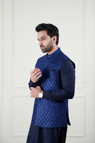 BLUE EMBOSSED SEQUENCE WAIST COAT Mehndi Collection HumayunAlamgir