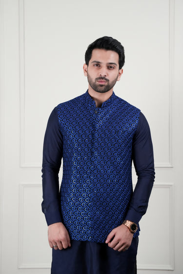BLUE EMBOSSED SEQUENCE WAIST COAT Mehndi Collection HumayunAlamgir