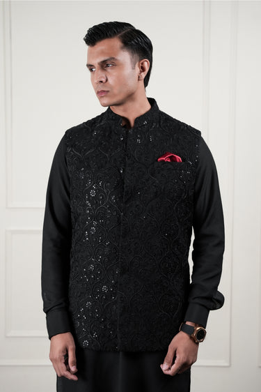 BLACK EMBOSSED SEQUENCE WAIST COAT Mehndi Collection HumayunAlamgir