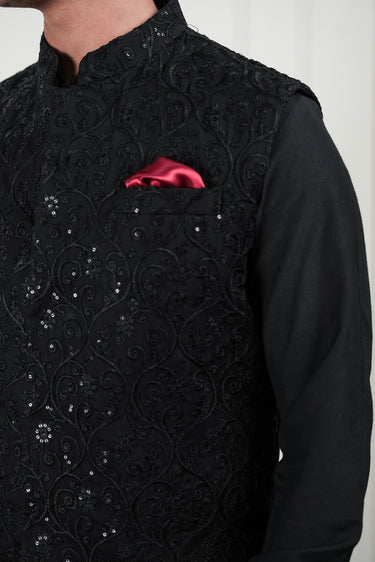 BLACK EMBOSSED SEQUENCE WAIST COAT Mehndi Collection HumayunAlamgir