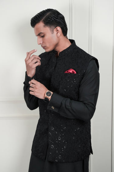 BLACK EMBOSSED SEQUENCE WAIST COAT Mehndi Collection HumayunAlamgir