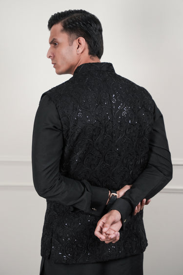 BLACK EMBOSSED SEQUENCE WAIST COAT Mehndi Collection HumayunAlamgir