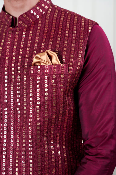 RED EMBOSSED GOLDEN SEQUENCE WAIST COAT Mehndi Collection HumayunAlamgir