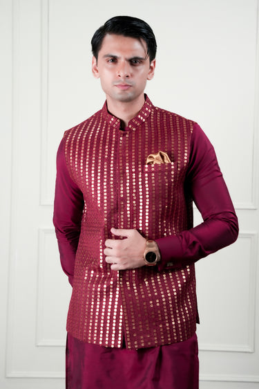 RED EMBOSSED GOLDEN SEQUENCE WAIST COAT Mehndi Collection HumayunAlamgir