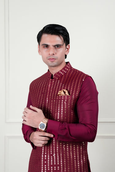 RED EMBOSSED GOLDEN SEQUENCE WAIST COAT Mehndi Collection HumayunAlamgir