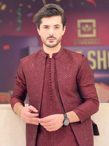 DARK MAROON JAMAWAR CUTDANA WAIST COAT Mehndi Collection HumayunAlamgir
