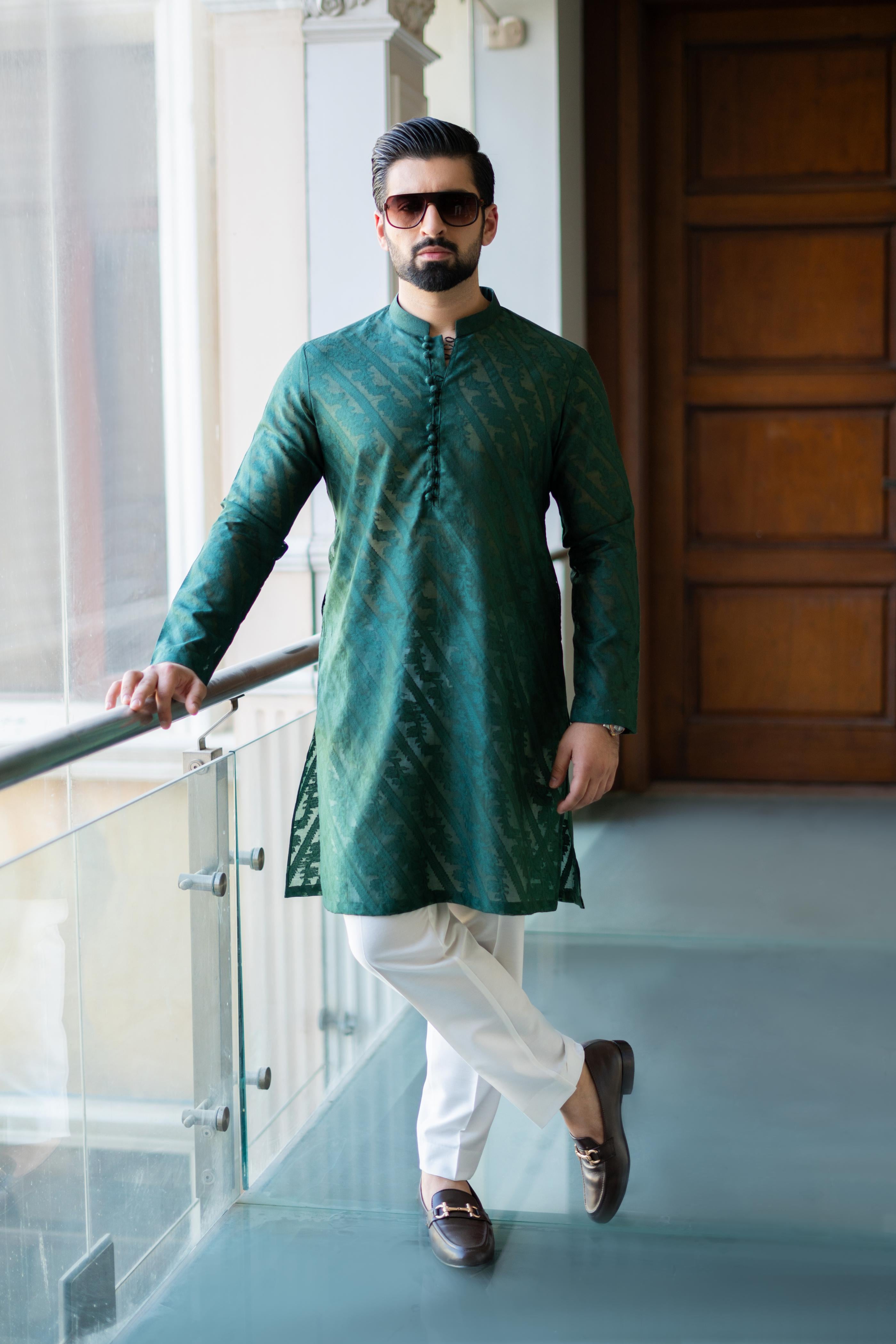 "QAMASH"  EMERALD GREEN KURTA PAJAMA