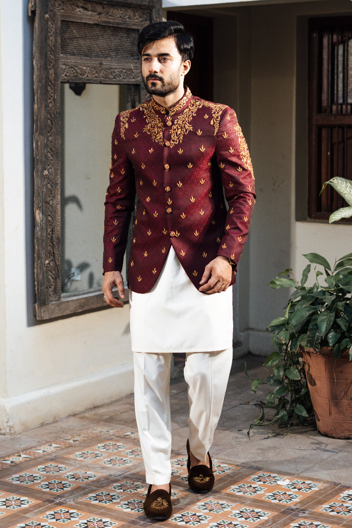 Maroon Jamawar Prince Coat – Humayunalamgir