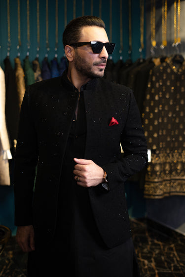 Black Armani prince coat Mehndi Collection HumayunAlamgir