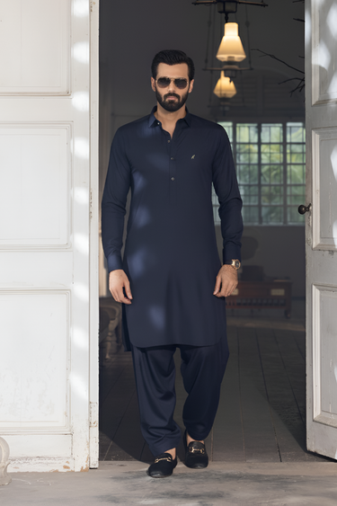 Navy Blue Wash N Wear Shalwar Kameez Luxury Formal, Shalwar Kameez Humayun Alamgir
