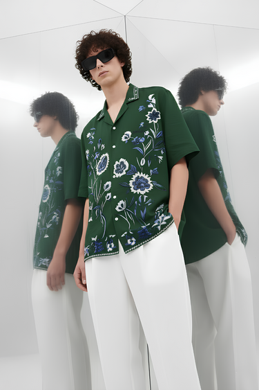 Dark Green Floral Embroidered Shirt Humayunalamgir