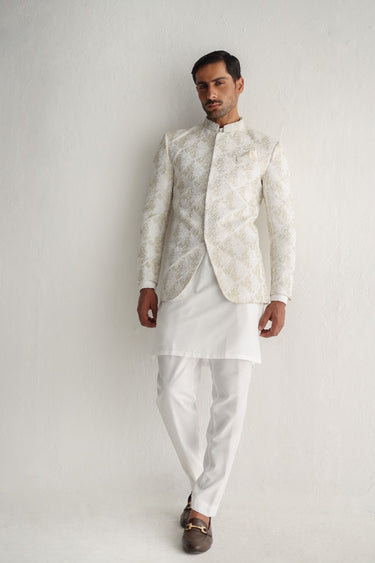 White Golden Embossed Prince Coat Humayunalamgir