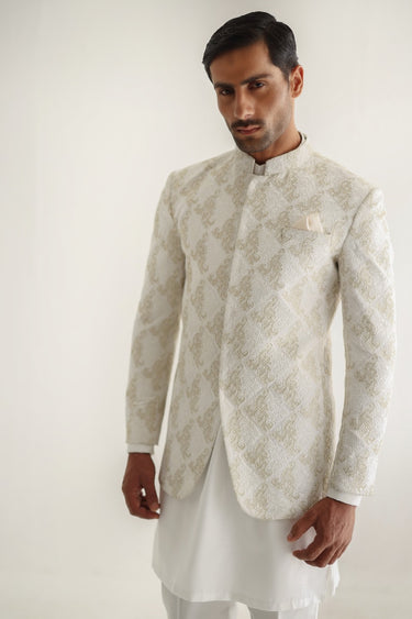 White Golden Embossed Prince Coat Humayunalamgir