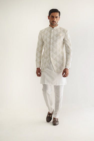 White Golden Embossed Prince Coat Humayunalamgir