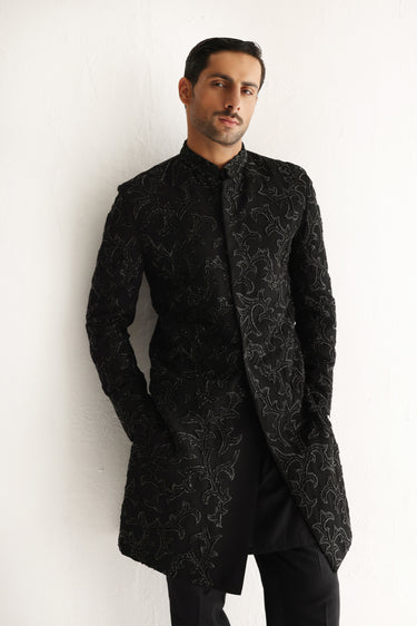 Black Armani embellish hand work cutdana sherwani Humayunalamgir