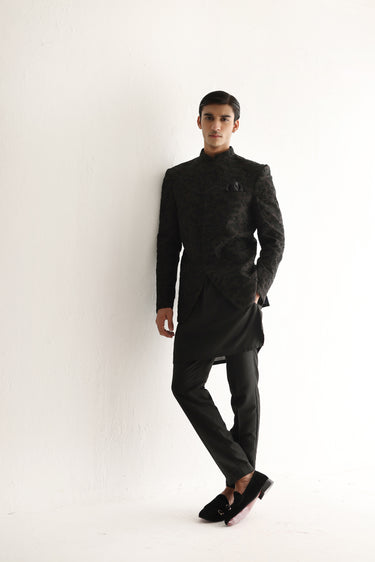 BLACK EMBROIDERED CUTDANA PRINCE COAT Humayunalamgir