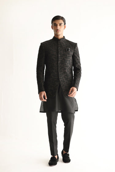 BLACK EMBROIDERED CUTDANA PRINCE COAT Humayunalamgir