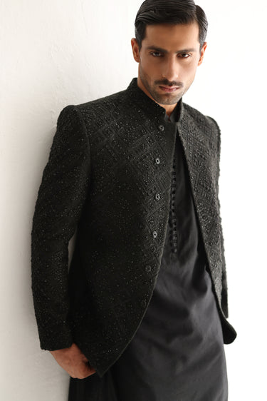 BLACK EMBROIDERED BEATS PRINCE COAT Humayunalamgir
