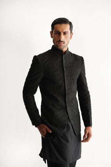 BLACK EMBROIDERED BEATS PRINCE COAT Humayunalamgir