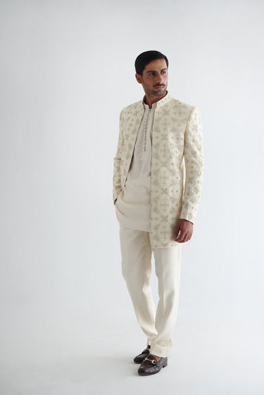 LIGHT CREAM RAW SILK SHORT LENGTH SHERWANI Humayunalamgir