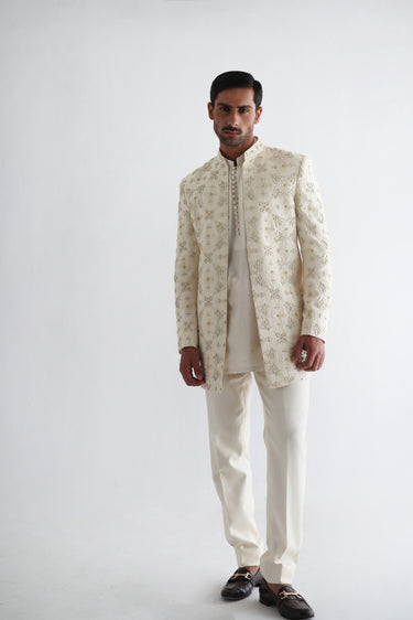 LIGHT CREAM RAW SILK SHORT LENGTH SHERWANI Humayunalamgir