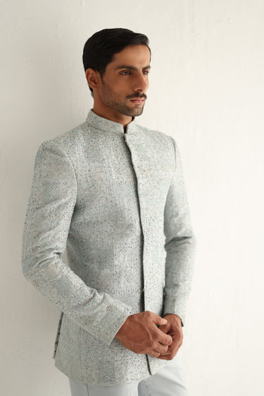 GREY SELF EMBOSSED PRINCE SUIT Humayunalamgir