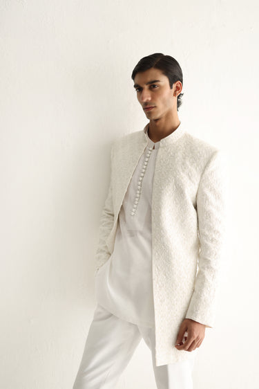WHITE EMBOSSED FRONT OPEN SHERWANI Humayunalamgir