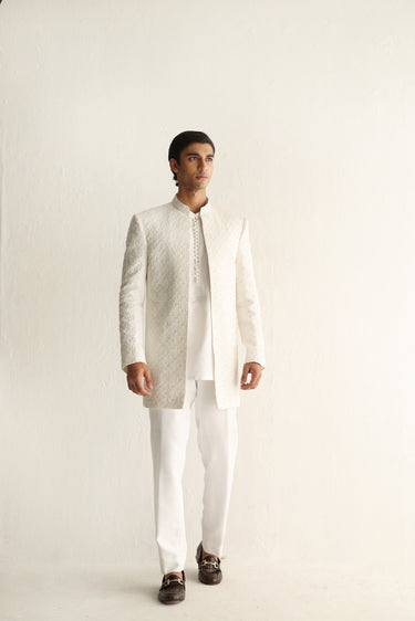 WHITE EMBOSSED FRONT OPEN SHERWANI Humayunalamgir