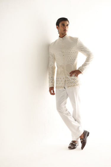 WHITE EMBOSSED MIRROR WORK PRINCE SUIT Humayunalamgir
