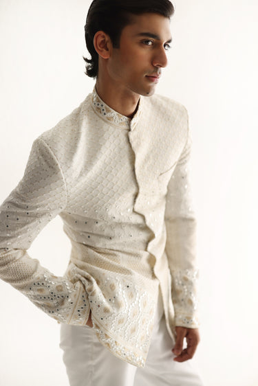 WHITE EMBOSSED MIRROR WORK PRINCE SUIT Humayunalamgir