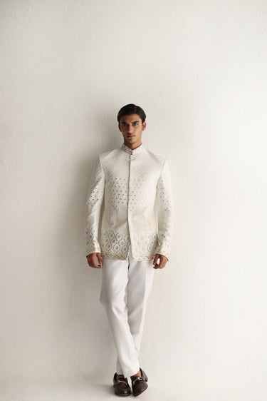 WHITE EMBOSSED MIRROR WORK PRINCE SUIT Humayunalamgir