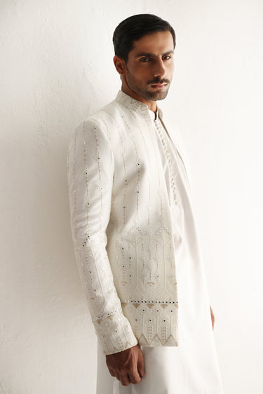 WHITE EMBOSSED SEQUENCE FRONT OPEN PRINCE COAT Humayunalamgir
