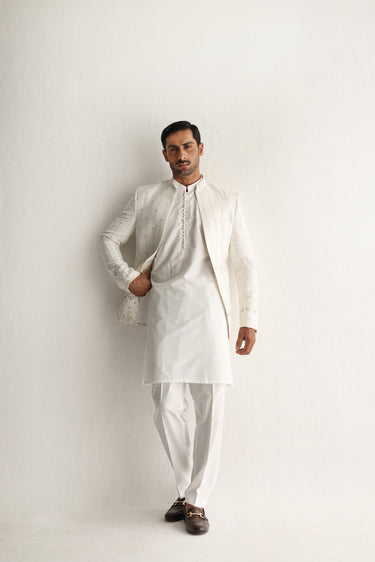 WHITE EMBOSSED SEQUENCE FRONT OPEN PRINCE COAT Humayunalamgir