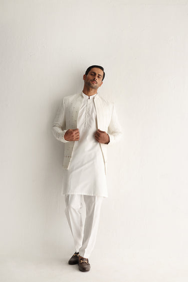 WHITE EMBOSSED SEQUENCE FRONT OPEN PRINCE COAT Humayunalamgir
