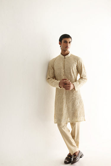 Beige Embroidered Embellish Full Hand Work Kurta Pajama Humayunalamgir