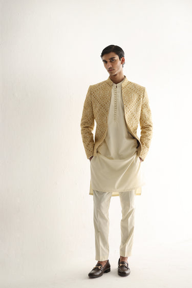 BEIGE SELF EMBOSSED FRONT OPEN PRINCE COAT Humayunalamgir