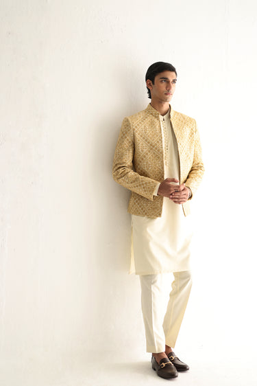 BEIGE SELF EMBOSSED FRONT OPEN PRINCE COAT Humayunalamgir