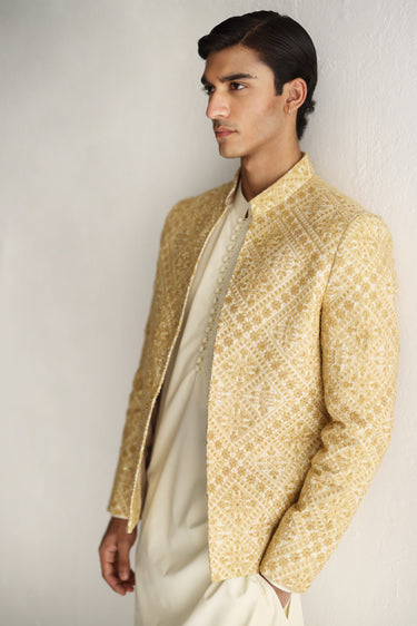 BEIGE SELF EMBOSSED FRONT OPEN PRINCE COAT Humayunalamgir