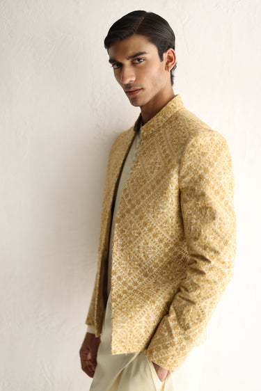 BEIGE SELF EMBOSSED FRONT OPEN PRINCE COAT Humayunalamgir