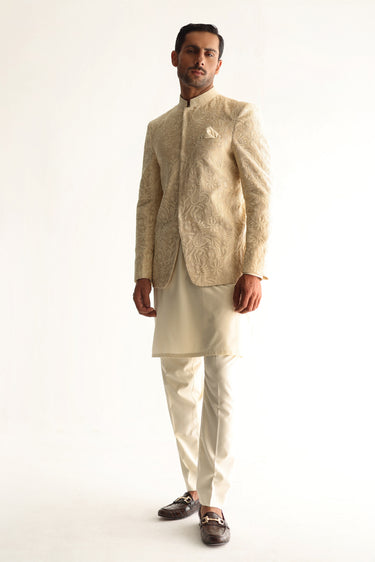 BEIGE EMBOSSED PRINCE COAT Humayunalamgir