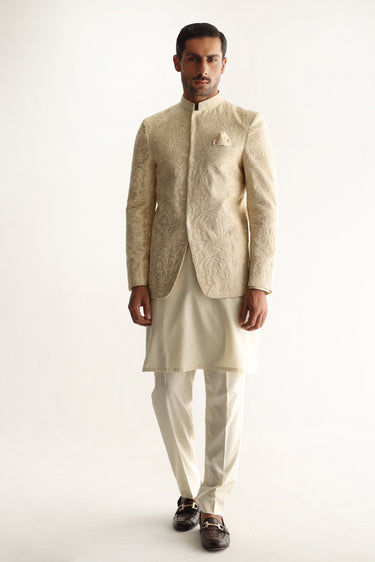 BEIGE EMBOSSED PRINCE COAT Humayunalamgir