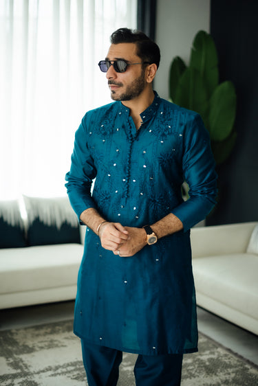 Teal Blue Mirror Embossed Kurta Shalwar HumayunAlamgir