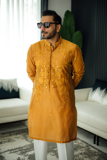 Mustard Mirror Embossed Kurta Pajama HumayunAlamgir