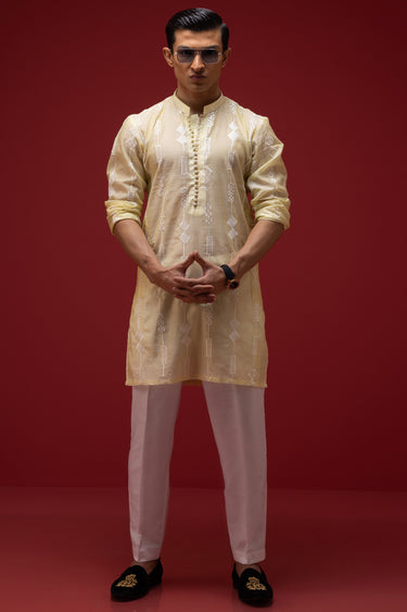 Lemon Yellow Cotton Silk Kurta Pajama Humayun Alamgir