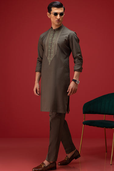 Olive Green stretchable Cotton Kurta Pajama Humayun Alamgir