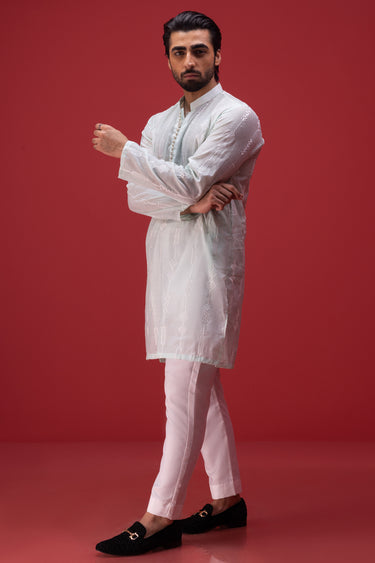 Mint Green Cotton Silk Kurta Pajama Humayun Alamgir