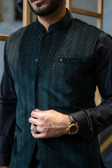 Green Velvet Self Embossed Waist Coat HumayunAlamgir