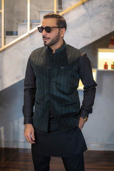 Green Velvet Self Embossed Waist Coat HumayunAlamgir S Waist Coat